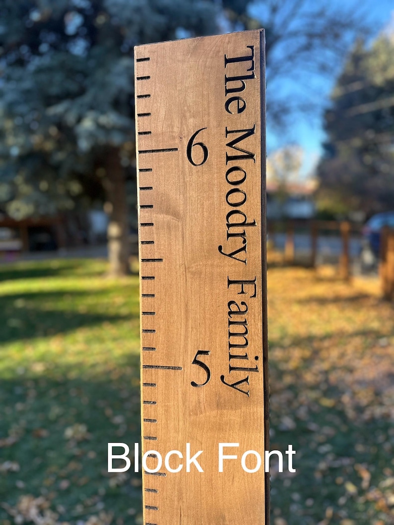 May include: A vertical wooden growth chart ruler featuring dark brown stained wood with black engraved measurement markings and the text The Moodry Family. The board displays numbers 5 and 6 with corresponding inch increments along the left side.