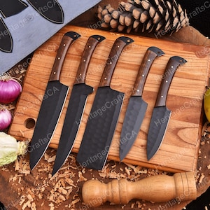 Hand forged chef knives set, Cooks gifts for husband boyfriend him her, Rosewood handle Kitchen knife for couples with leather case