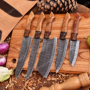 Handmade damascus steel knife set, Kitchen chef set with Olive wood handle, Anniversary Birthday Gifts for him her mother father husband