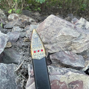 May include: Close-up of a sword scabbard with a gold-colored metal tip and red gemstones. The scabbard is made of black leather and has a decorative design.