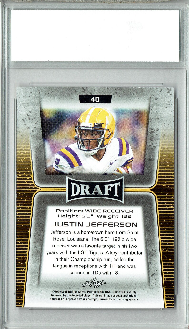 Justin Jefferson 2020 Leaf Draft Football 40 Gem Mint Rookie Card PGI ...