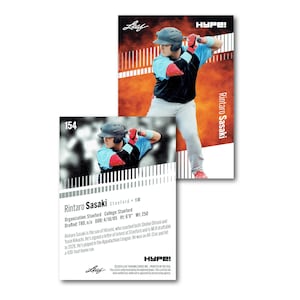 May include: Baseball trading card featuring Rintaro Sasaki in a batting stance. The card has a player image, team logo, and player information. The card's background is orange and white with the word "HYPE!" at the top.
