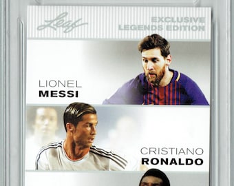 THE TRIPLE! Pele, Lionel Messi, Cristiano Ronaldo 2022 Leaf Legends Card PGI 10