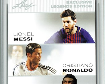 Lionel Messi, Pele, Cristiano Ronaldo Soccer Card aka "The Triple" | 2022 Leaf Legends Edition, Certified Mint+ Condition