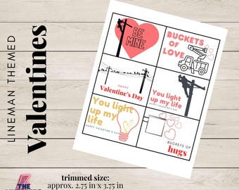Könnte beinhalten: Druckbare Valentinstagskarten mit einem Elektriker-Motiv. Die Karten haben verschiedene Sprüche wie "Du erhellst mein Leben" und "Eimer voller Liebe". Die Karten sind etwa 2,75 Zoll mal 3,75 Zoll groß.