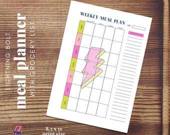 Könnte beinhalten: Druckbarer wöchentlicher Speiseplan mit einer pinkfarbenen und gelben Blitzgrafik. Der Planer enthält Abschnitte für Frühstück, Mittagessen, Abendessen und Notizen. Er hat auch einen Abschnitt für eine Einkaufsliste. Der Text "8.5 x 11 print size" und "PRINT UNLIMITED COPIES" befindet sich am unteren Rand der Seite.