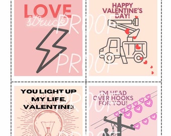 Könnte beinhalten: Vier rosafarbene Valentinstagskarten mit verschiedenen Illustrationen und Texten. Die erste Karte sagt "LOVE struck" mit einem Blitz. Die zweite Karte sagt "FRÖHLICHEN VALENTINSTAG!" mit einem LKW mit einem Hubwagen, der Herzen hochhebt. Die dritte Karte sagt "DU ERHELLST MEIN LEBEN, VALENTIN!" mit einer Glühbirne. Die vierte Karte sagt "ICH BIN TOTAL VERLIEBT IN DICH!" mit einem Elektriker auf einem Strommast mit Herzen, die an den Drähten hängen.