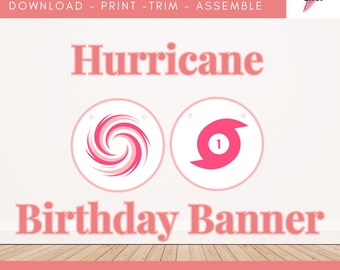 Könnte beinhalten: Ein druckbares Geburtstagsbanner mit dem Wort Hurricane in rosa Schrift. Zwei kreisförmige Grafiken sind abgebildet: eine mit einem rosa Spiralmuster und eine mit einem rosa Hurrikan-Symbol, das die Zahl Eins enthält. Der Text lautet Hurricane Birthday Banner.