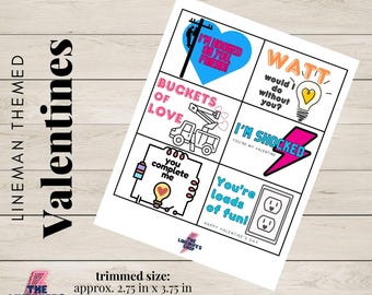 Könnte beinhalten: Ein druckbares Valentinstag-Kartenblatt mit einem Elektriker-Thema. Das Blatt enthält verschiedene wortspielreiche Designs mit Sätzen wie „Ich stehe auf dich, Freund“ und „Du machst mich komplett“. Die beschnittene Größe beträgt ca. 7 x 9,5 cm.