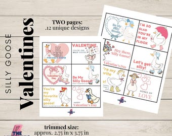 Könnte beinhalten: Ausdruckbare Valentinstagskarten mit Cartoon-Gänsen und Phrasen. Die Karten haben eine Größe von ca. 7 x 9,5 cm. Das Design enthält den Text "Silly Goose Valentines" und "Print Unlimited Copies."