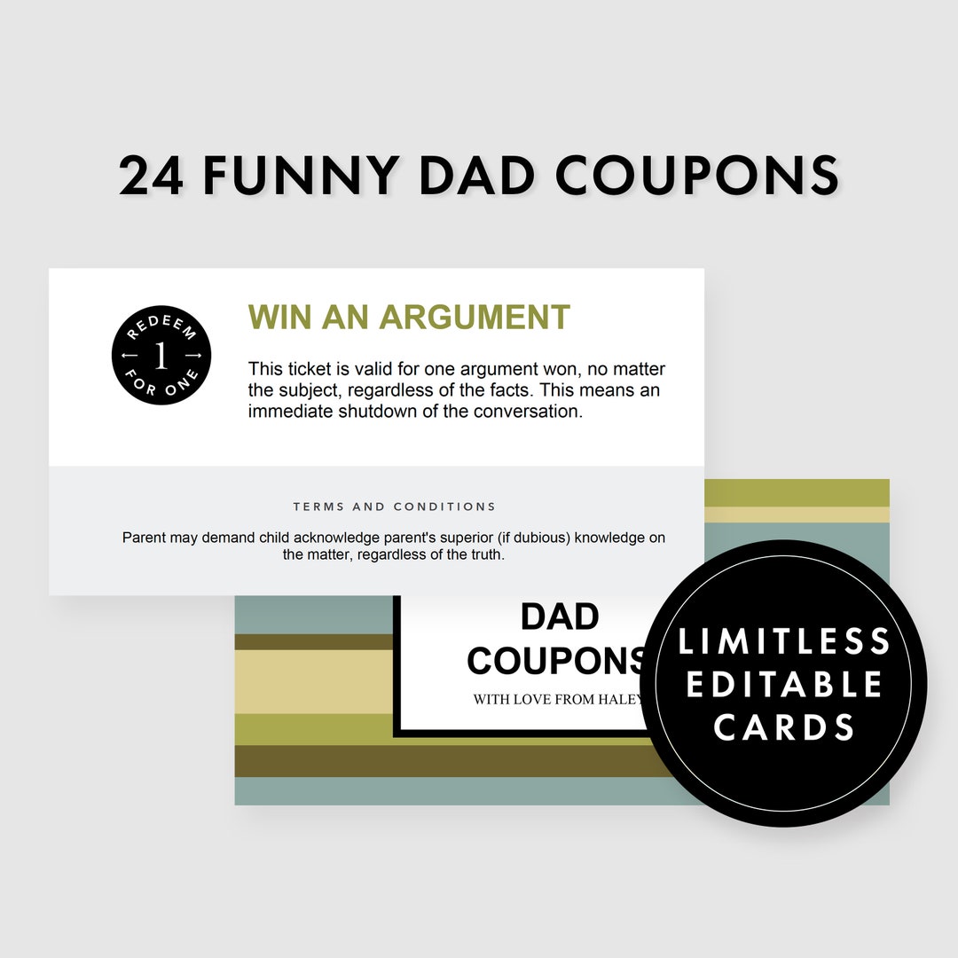 Printable Father's Day Coupons, Vouchers, Template. Funny Gift