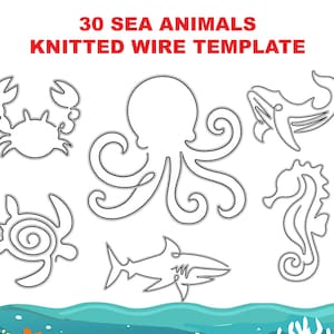 以下が含まれることがあります： 30種類の海の生き物のワイヤー編みテンプレートのセット。テンプレートには、カニ、タコ、クジラ、タツノオトシゴ、カメ、サメが含まれています。テンプレートは白黒で、青と白の背景に配置されています。