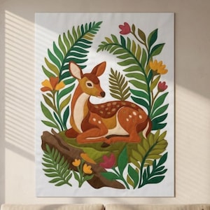 May include: A rectangular wall art print featuring a brown fawn with white spots resting on a brown log. The fawn is surrounded by green fern leaves, yellow flowers, and small pink blossoms against a plain white background.