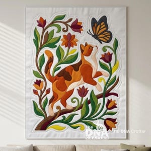 May include: A quilted wall hanging on a white background featuring a calico cat leaping among stylised green vines, orange and purple flowers, and a large orange and black butterfly. The text The DNA Crafter is printed at the bottom.