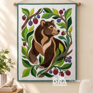 Quiltpatroon met berenapplicatie (PDF), wandquilt, applicaties met rafelige rand en strijkapplicatie, 6 maten van 45 tot 150 cm, direct te downloaden.