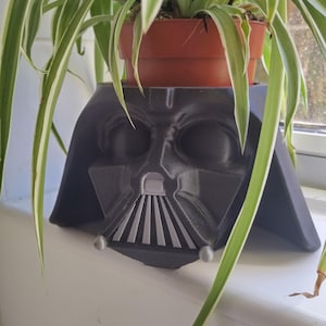 Pode incluir: Um vaso preto com o tema Darth Vader com um vaso castanho contendo uma planta verde e branca. O vaso tem detalhes prateados. A planta tem folhas longas e finas.