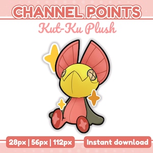 Könnte beinhalten: Eine digitale Illustration eines Kut-Ku Plüschtiers. Das Plüschtier ist rot und gelb mit einem großen Kopf und einem kleinen Körper. Das Spielzeug sitzt auf einem weißen Hintergrund mit Sternen drumherum. Der Text "Channel Points Kut-Ku Plush" befindet sich oben im Bild. Der Text "28px | 56px | 112px Sofort-Download" befindet sich unten im Bild.