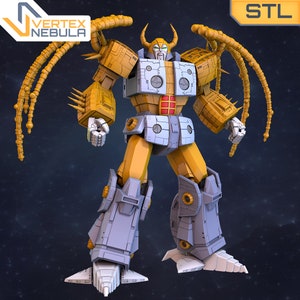 May include: A yellow and grey robot with a large head and multiple arms. The robot has a large, spiked chest and a pair of horns on its head. The robot is standing on a grey surface. STL