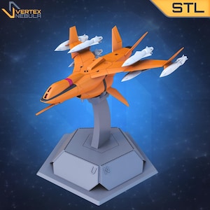 May include: Orange and white 3D printed model of a futuristic spaceship with multiple wings and a stand. The model is labeled "STL" and "VERTEX NEBULA".