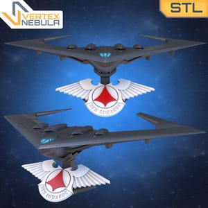 May include: Two gray, futuristic aircraft models with a wing-like design are displayed against a dark blue background. Each model has a white emblem with the text "NEW EDWARDS" and a red and white design. The top right corner has the text "STL" and the top left corner has the text "VERTEX NEBULA".