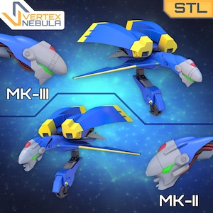 May include: Three 3D printed models of a blue and yellow spaceship with the text "MK-III" and "MK-II" on the image. The models are labeled "STL" in the top right corner.