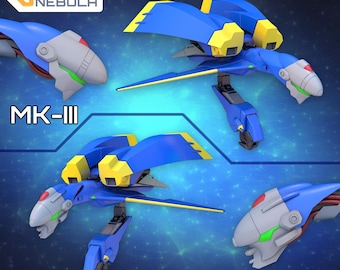 May include: Three 3D printed models of a blue and yellow spaceship with the text "MK-III" and "MK-II" on the image. The models are labeled "STL" in the top right corner.