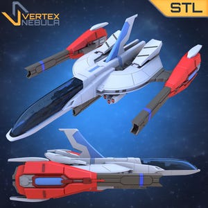 May include: A white, gray, and red spaceship model with a clear cockpit. The model is in two different positions, showing the top and side views. The model is labeled "STL" in the top right corner.