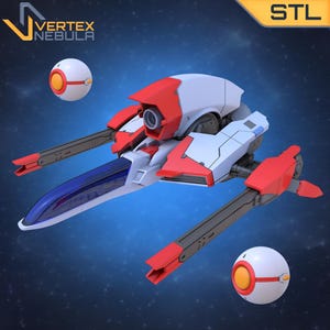 May include: A futuristic spacecraft model with red, white, and blue accents, featuring a central cockpit and extending wings. Two spherical objects with orange and white details float nearby. The image includes the text "VERTEX NEBULA" and "STL".