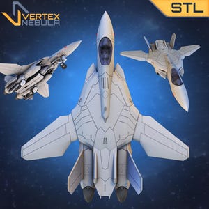 May include: A white, futuristic fighter jet with a cockpit and two engines. The jet is shown from multiple angles, including a top-down view. The image is labeled "STL" in the top right corner.