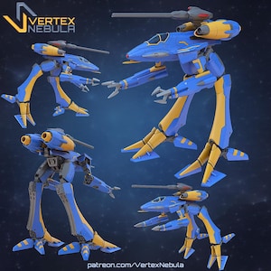May include: Multiple views of a blue and yellow robotic mech with articulated limbs and a cockpit. The mech has a sleek, futuristic design with a cannon and other weapon attachments. The Vertex Nebula logo is in the upper left corner.