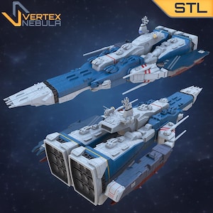 Puede incluir: Dos modelos detallados de naves espaciales futuristas. Las naves son principalmente azules y blancas, con detalles en rojo. La nave superior es larga y delgada, mientras que la inferior es más ancha con grandes motores rectangulares. El texto "STL" está en la esquina superior derecha.