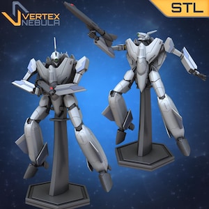 May include: Two white and gray robot figures with blue accents are displayed on stands against a dark blue background. One robot holds a missile, and the other holds a blade. The logo "VERTEX NEBULA" is visible.