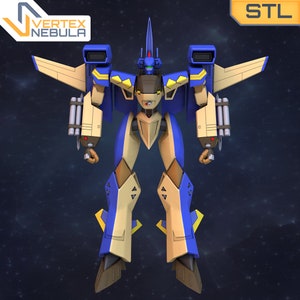 May include: A blue and beige robot with wings and a pointed head. The robot is standing on a dark blue background with stars. The text "VERTEX NEBULA" is in the top left corner of the image and "STL" is in the top right corner of the image.