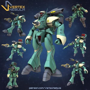 Op de afbeelding: Een verzameling teal en crèmekleurige robotfiguren in verschillende poses. De robots hebben gedetailleerde ontwerpen, waaronder wapens en bepantsering. Het Vertex Nebula-logo staat linksboven en de website patreon.com/VertexNebula staat onderaan.