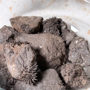 May include: A clear glass bowl filled with several dark gray rocks. The rocks have a rough texture and are covered in small, spiky, dark gray particles. The rocks vary in size and shape, and the bowl is set against a light background.