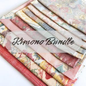 May include: A collection of patterned kimono fabrics in a range of colours, including red, pink, yellow, and blue. The fabrics display floral, geometric, and abstract designs. The text "Kimono Bundle" is visible across the fabrics.