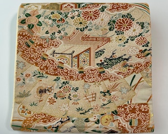 japanese vintage kimono silk  fukuro obi, table runner,handmade material, /Fan, mansion, floral pattern