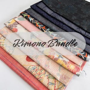 May include: An assortment of patterned kimono fabrics in red, pink, yellow, and blue. The fabrics are layered and angled, with the text "Kimono Bundle" overlaid on the image.