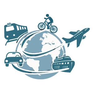 May include: A teal graphic illustrating global travel. A globe is encircled by a train, car, bicycle, aeroplane, and cruise ship, all in teal. The image represents different methods of worldwide transport.