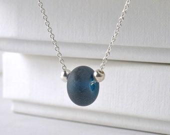 Lampwork Glass Sterling Slider Necklace in Indigo Blue | Handmade Glass and 925 Silver Jewellery UK