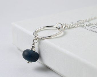 Tumbled Glass Silver Hoop Necklace in Indigo Blue | Handmade Lampwork Glass and Sterling Silver Necklace UK