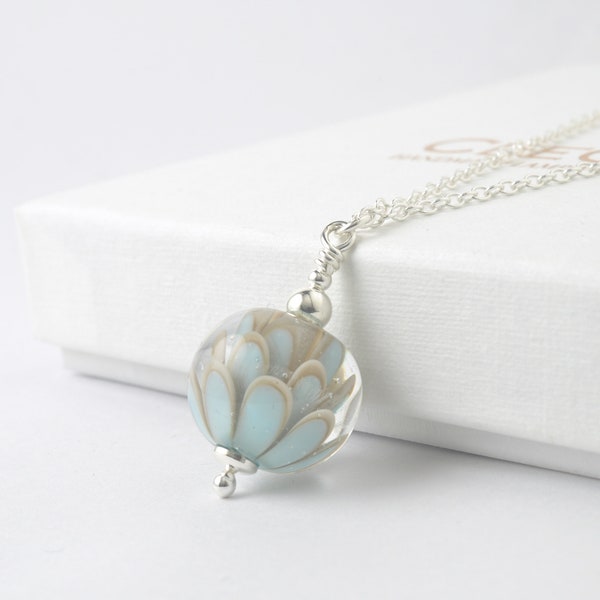 Pale Blue Grey Glass Flower Necklace | Handmade Lampwork and Sterling Silver Petal Pendant