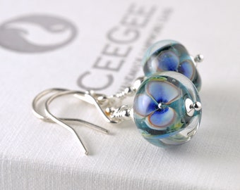 Handmade Glass Flower Earrings, Inky Blue Sterling Silver Floral Lampwork Jewellery UK