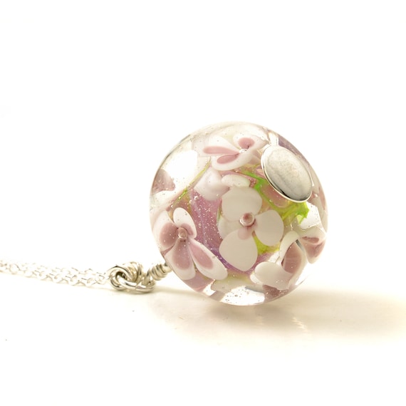 Long Pink Flower Pendant | Handmade Pink and White Lampwork Glass Flower Necklace on Long Sterling Silver Chain | Artglass Jewellery