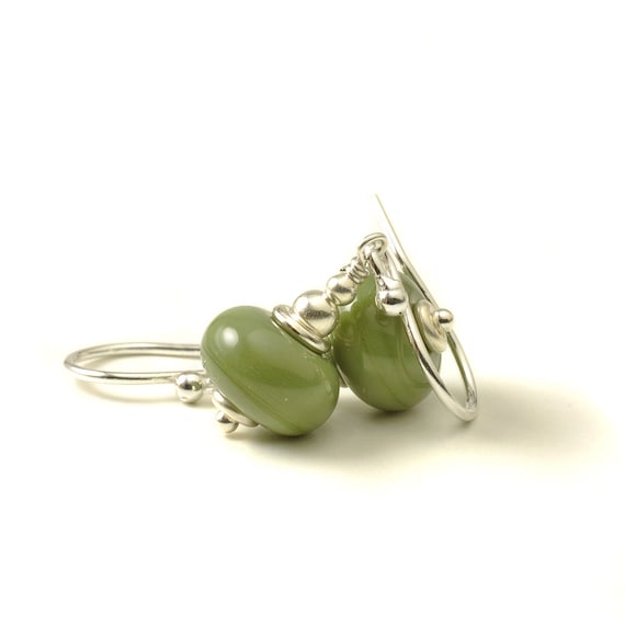 Olive Green Earrings | Khaki Green Earrings | Lampwork Glass and Sterling Silver Moss Green Earrings | Glass Drops