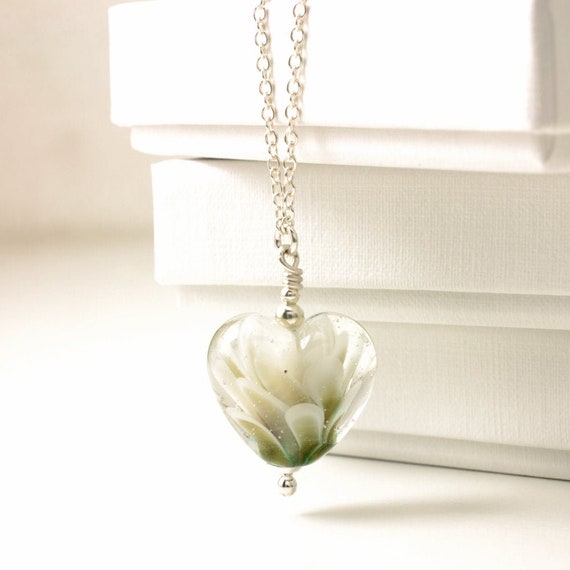 White and Gold Lampwork Glass Heart Pendant Necklace - Handmade Petal Collection Sterling Silver Jewellery