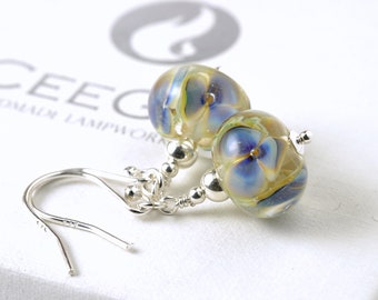 Glass Flower Earrings, Sterling Silver Blue Floral Lampwork Glass Jewellery UK