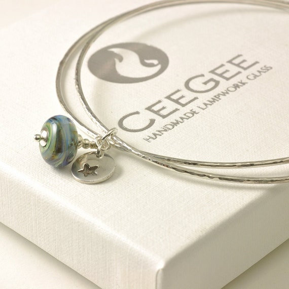 Sterling Silver Bangles with Lampwork Glass and Silver Charms | Handmade Stacking Bangles | Hammered Bangles Set | Star Jewellery UK