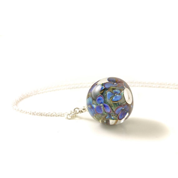 Long Glass Necklace with Violet and Blue Handmade Lampwork Flowers | Long Sterling Silver Pendant for Women | Glass Jewellery