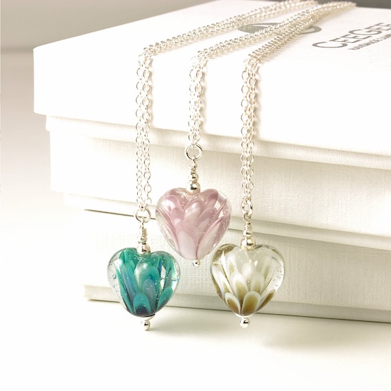 Heart Necklace | Glass Heart Pendant | Lampwork Heart and Sterling Silver Chain | Bridesmaids Gift | Lampwork Jewellery UK